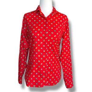 Vintage Cherry Red Button-Up Collared Shirt Multicolor Paisley Floral Print